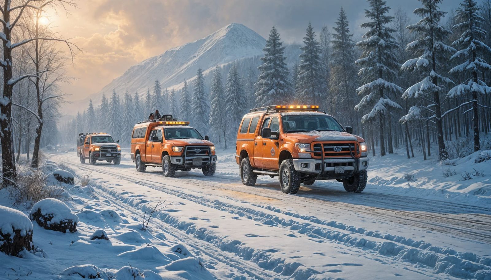 Winter Wonderland Scene with Snowplows and Oil Painting Text...