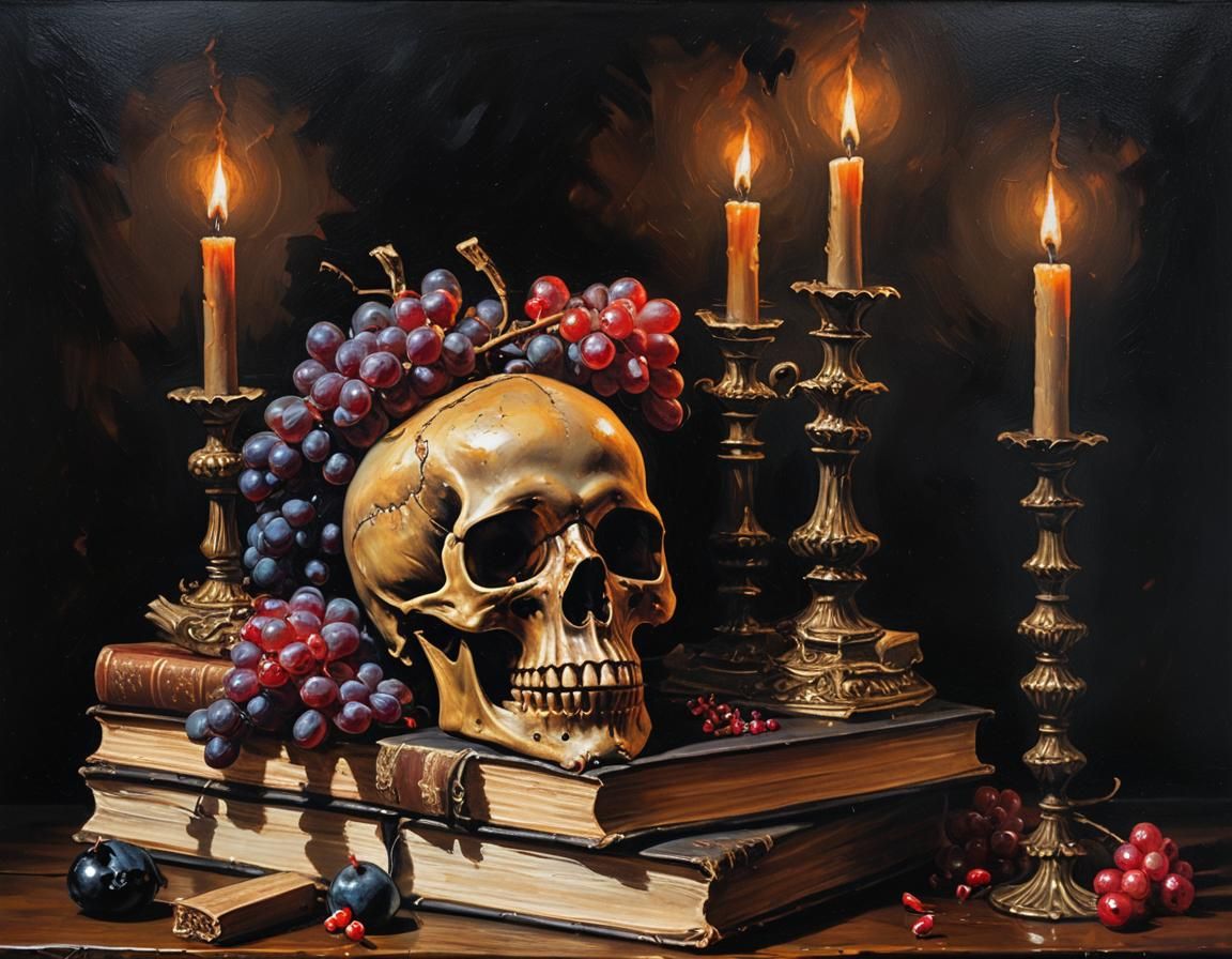 Dark Still Life: Skull, Books, Candles Oil Painting