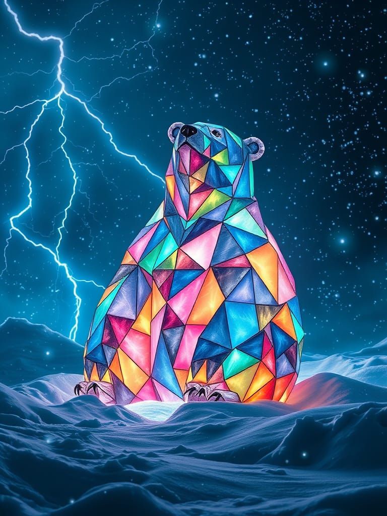Origami Polar Bear in Bioluminescent Snowstorm