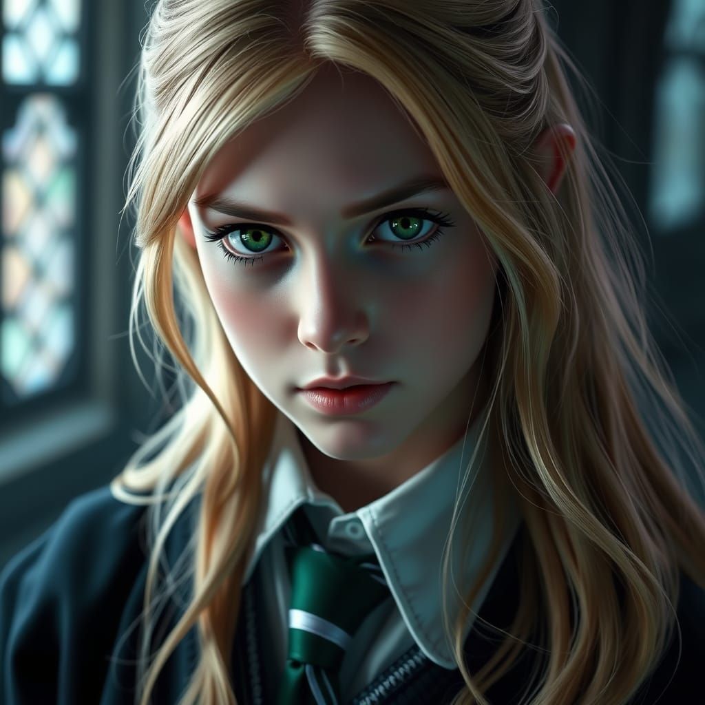Dark Fantasy Teenage Girl in Hogwarts Slytherin Uniform