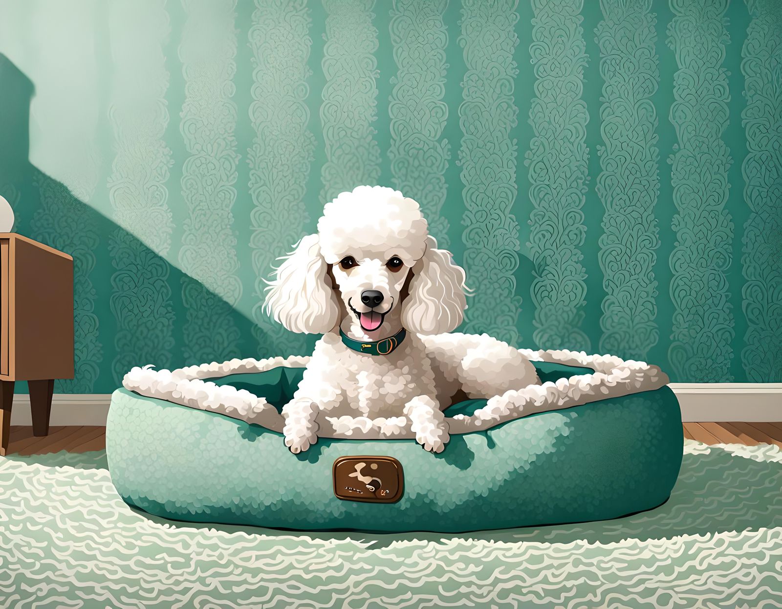 Happy Poodle Portrait in Aqua and Seafoam Green