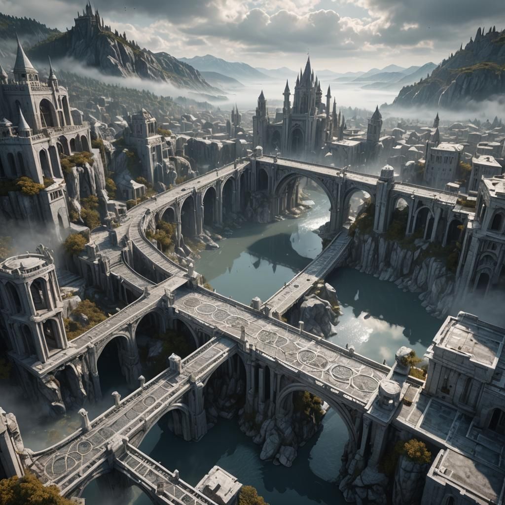 Futuristic Medieval Marble City with Lake and Bridges