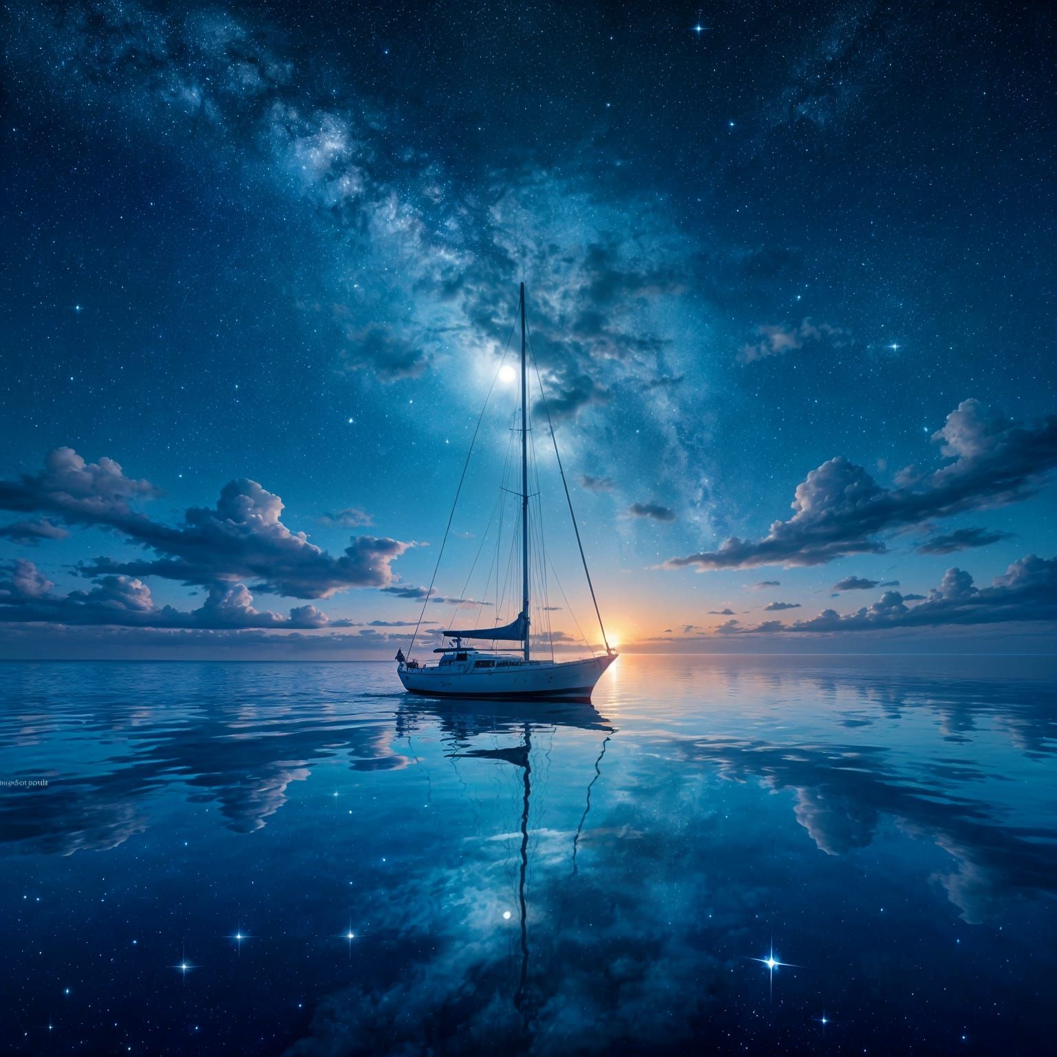 Moonlit Sailboat on Still Sea Under Starry Sky