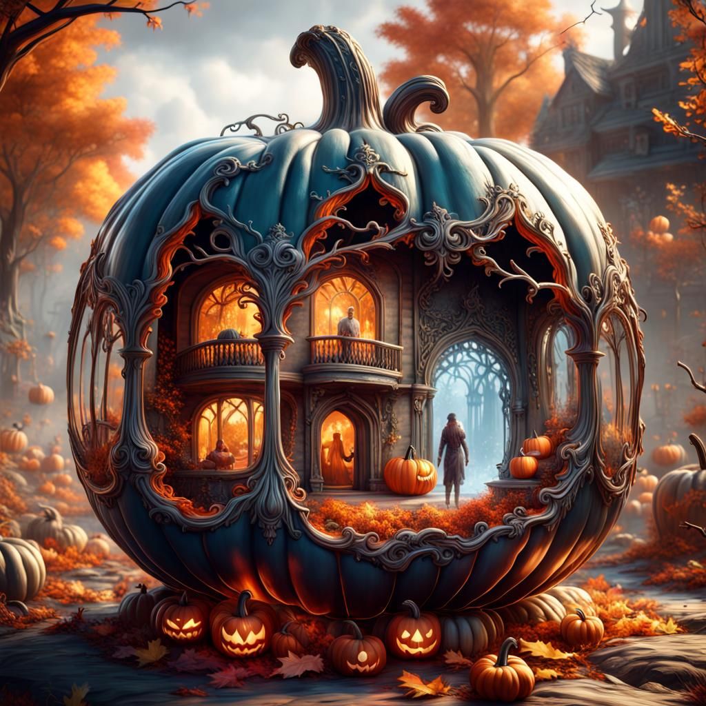 Glass Pumpkin with Humans: Detailed Fantasy Art
