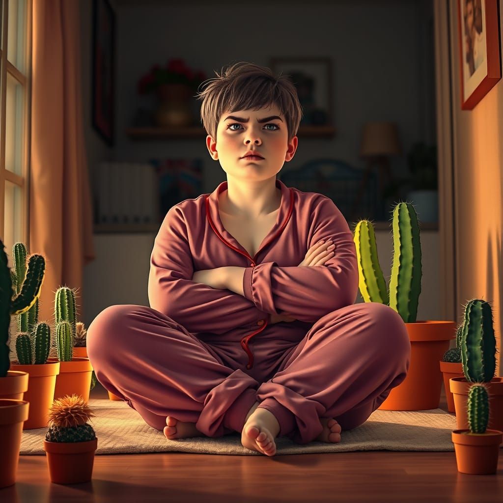 Grumpy Woman with Cacti: A Hyperdetailed Portrait