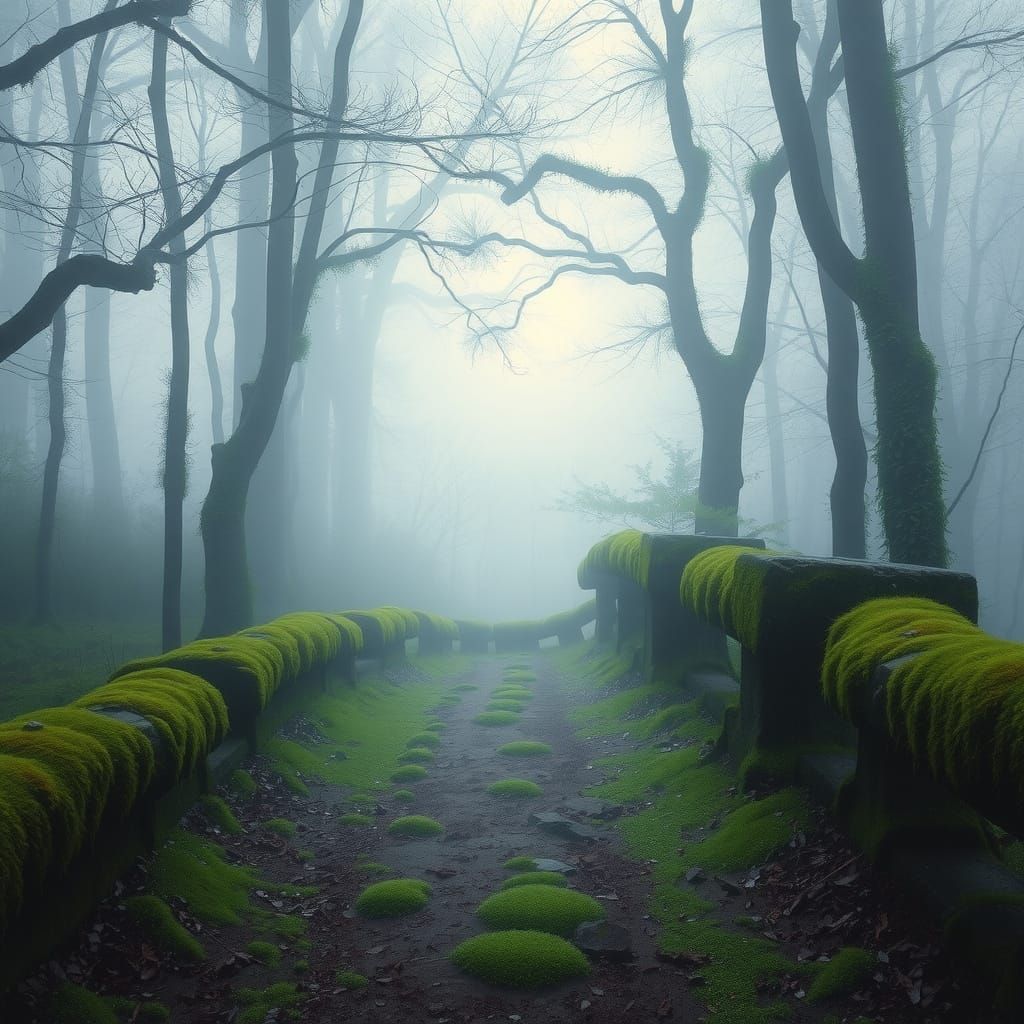 Misty Forest Path with Iridescent Fog and Ancient Stones