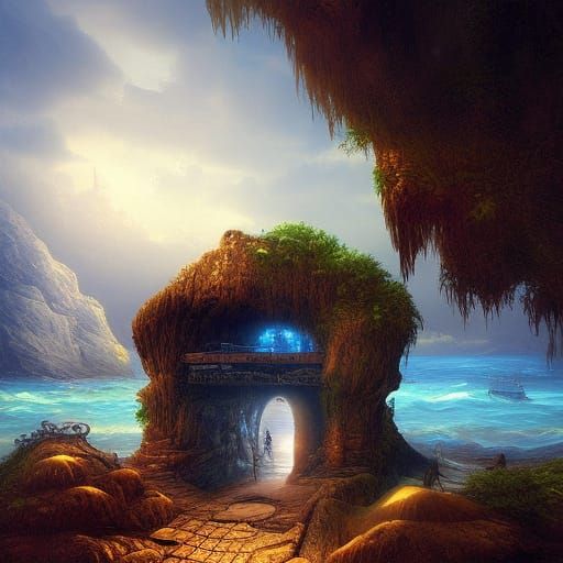 Pirate Treasure Cave Entrance at Night: Matte Painting