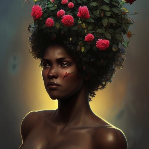 Rose and Thorns Afro Portrait in Art Nouveau Style