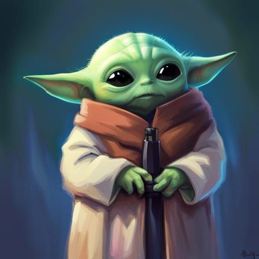 Cute Grogu Portrait with Green Lightsaber