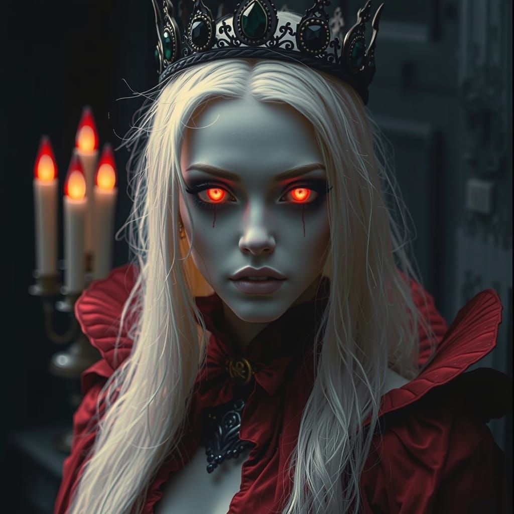 Cursed Queen with Glowing Eyes in Dark Surrealism Style