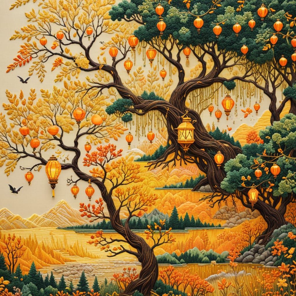 Embroidered Fantasy Forest with Lanterns