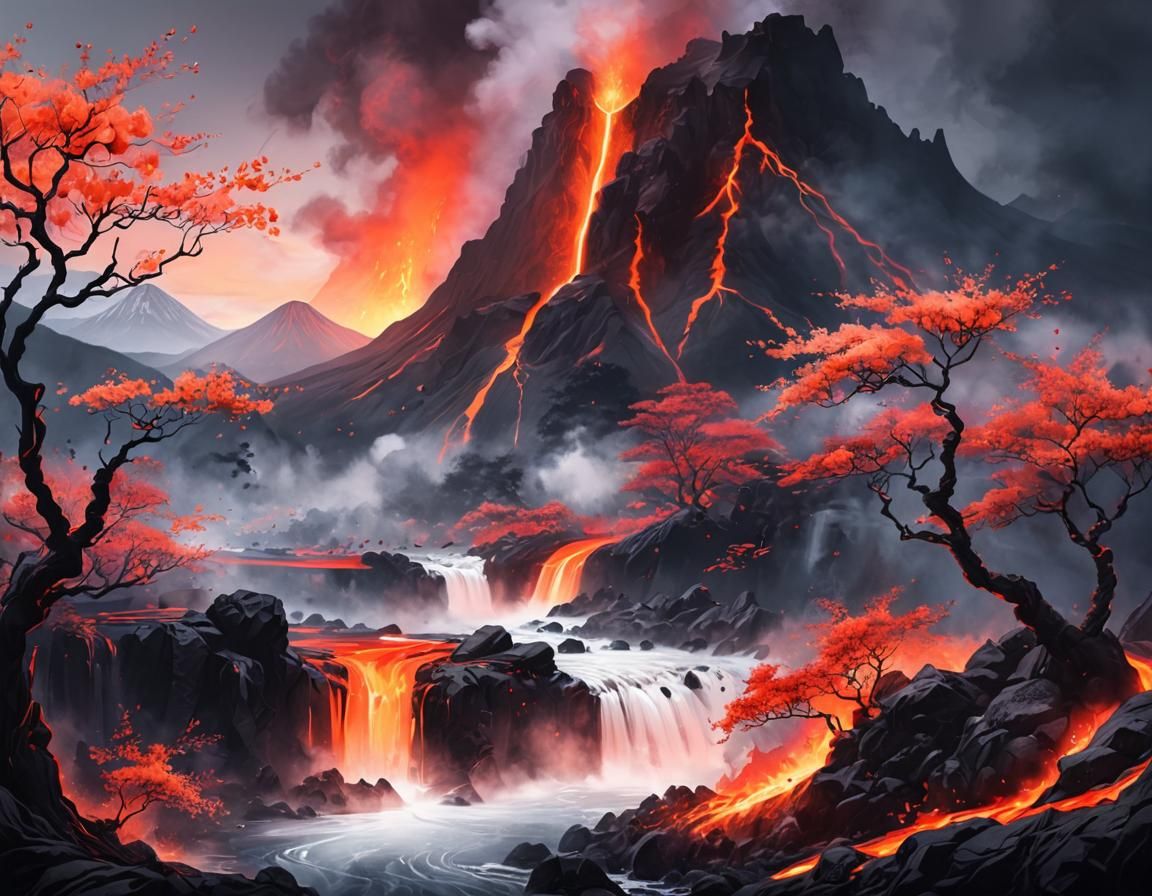 Volcano Eruption: Flowing Lava in Watercolor