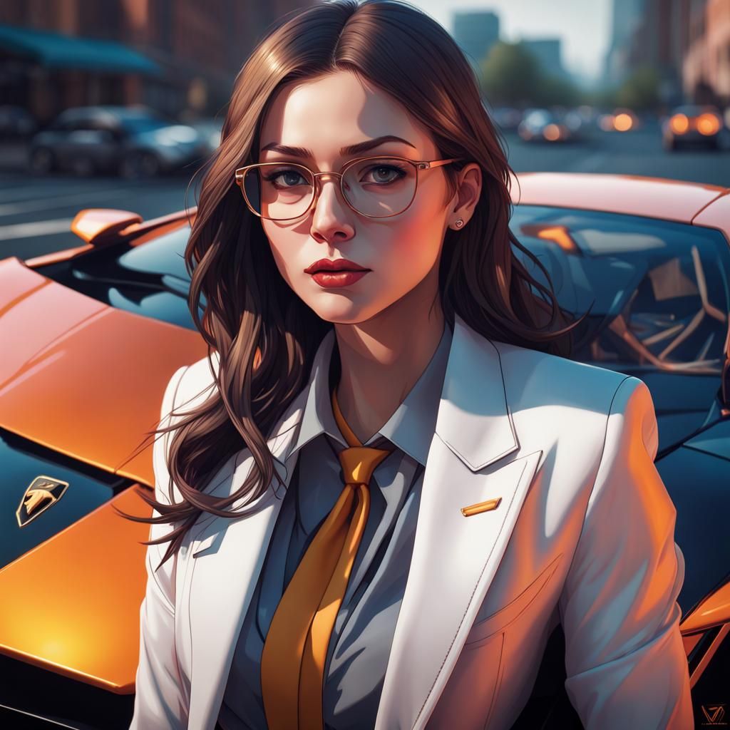 Confident Woman in Suit Leans on Lamborghini