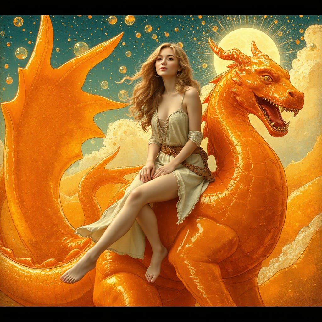 Woman on Gummy Dragon in Soda Sea, Art Nouveau & Whimsical S...