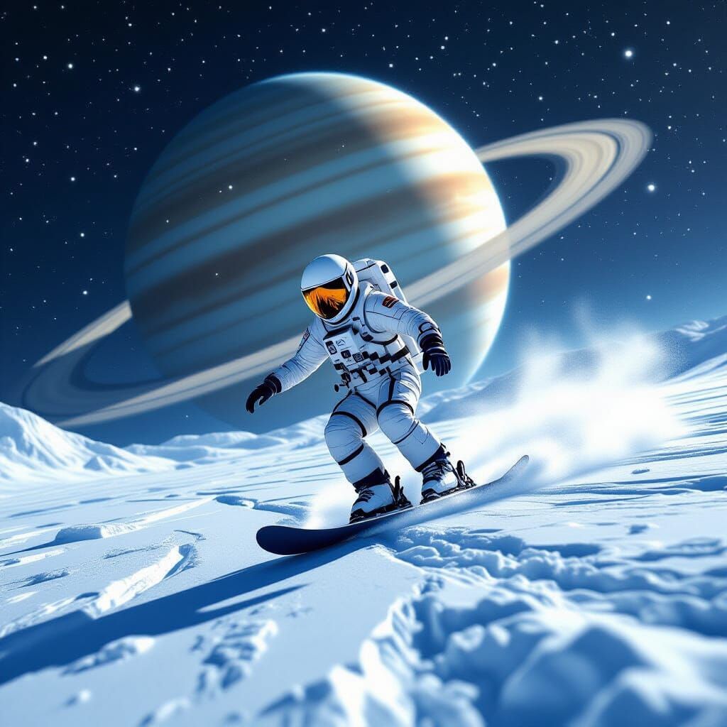 Astronaut Snowboarding on Europa with Saturn