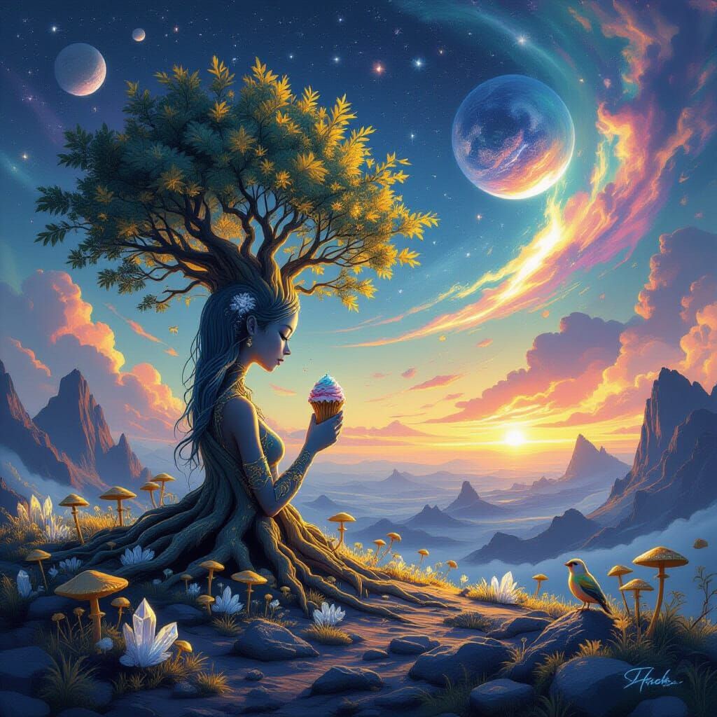 Ancient Alien Tree with Bioluminescent Leaves and Diamond Fr...