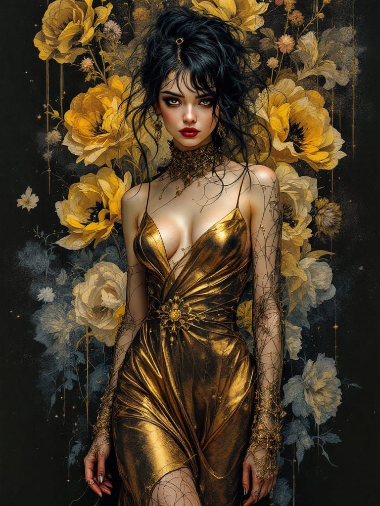 Gothic Romantic Pin-Up in Metallic Gold Sundress