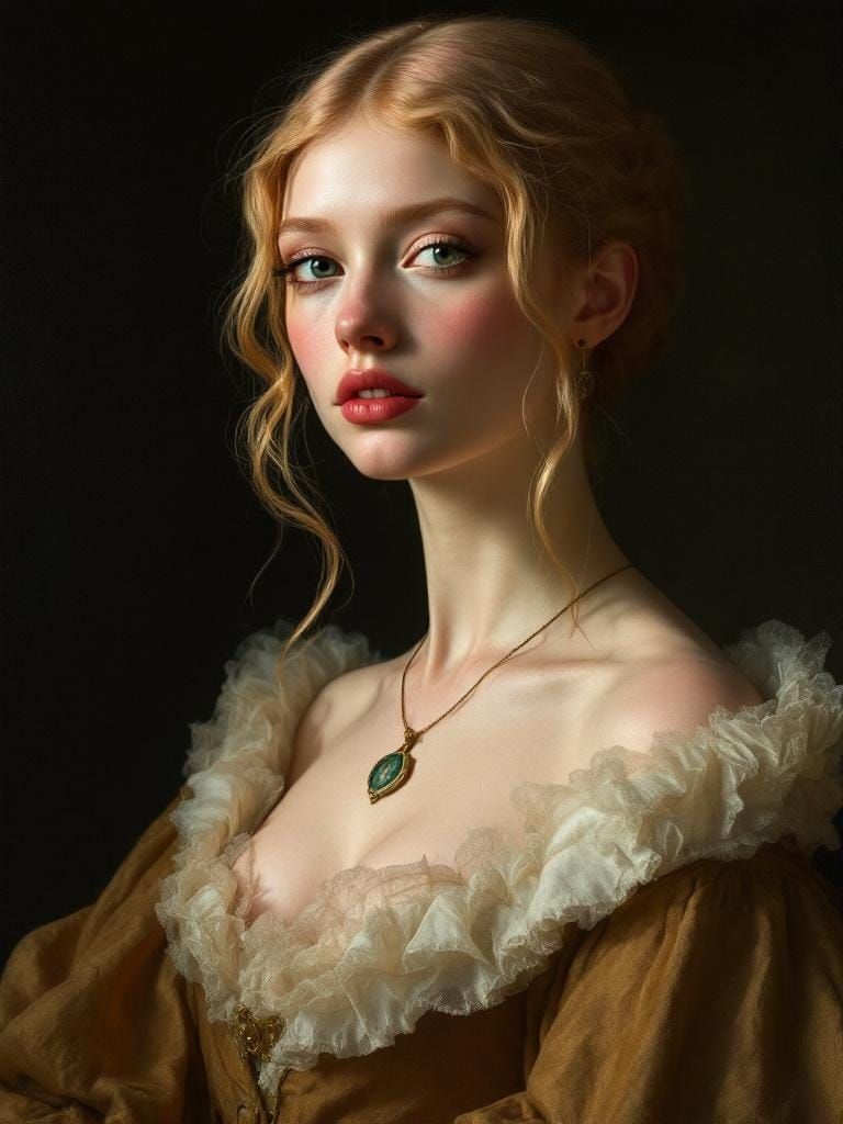 Renaissance Portrait of Blond Pin-Up Woman in Luminous Oil G...