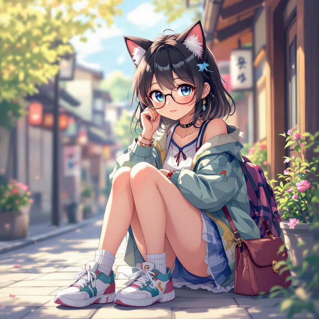 Anime Girl With Cat Ears And Glasses