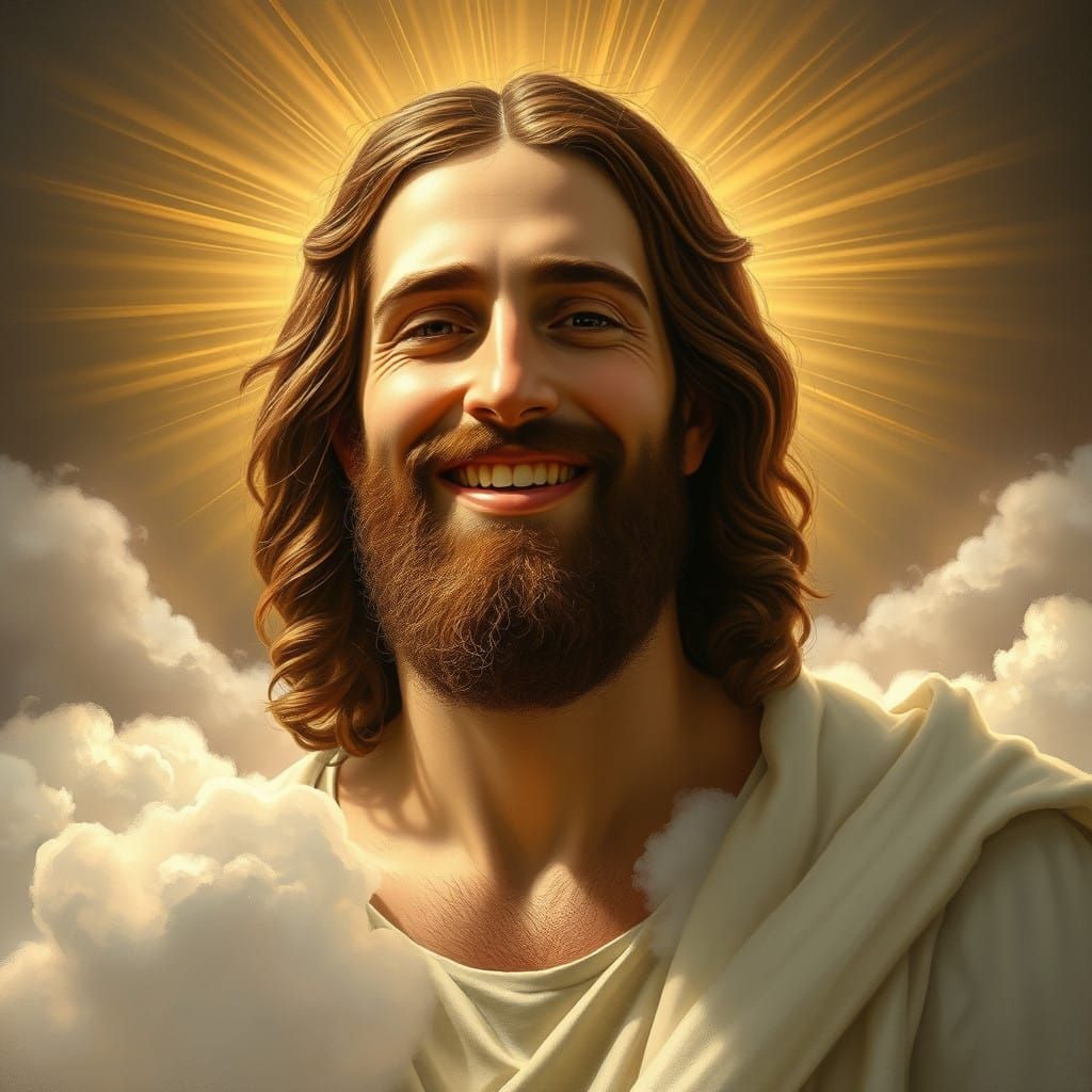Jesus Christ with a Gentle, Twinkling Smile and Lush Beard