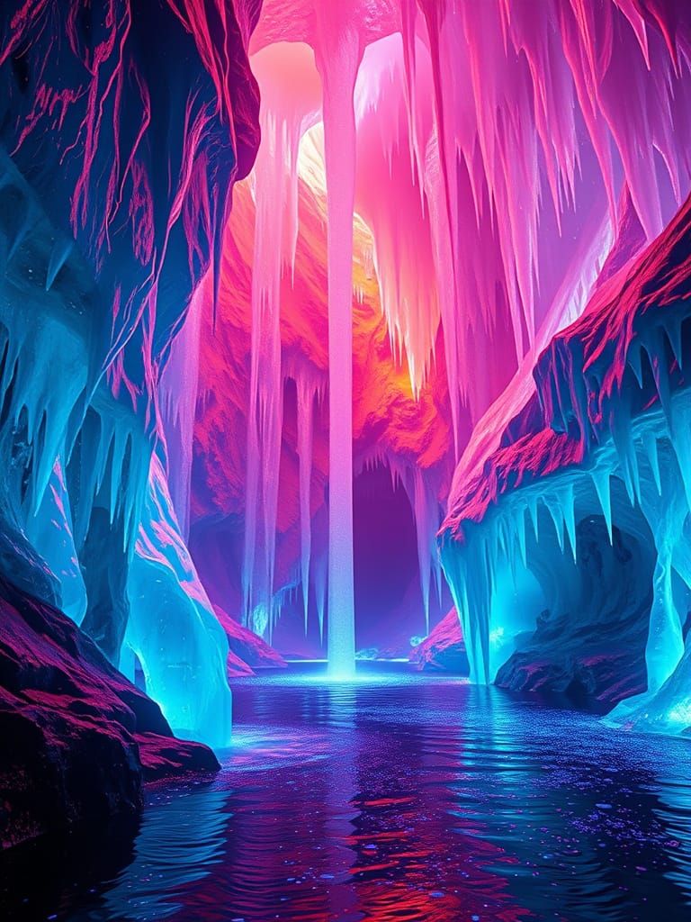 Iridescent Ice Caverns with Glowing Waterfalls and Stalactit...