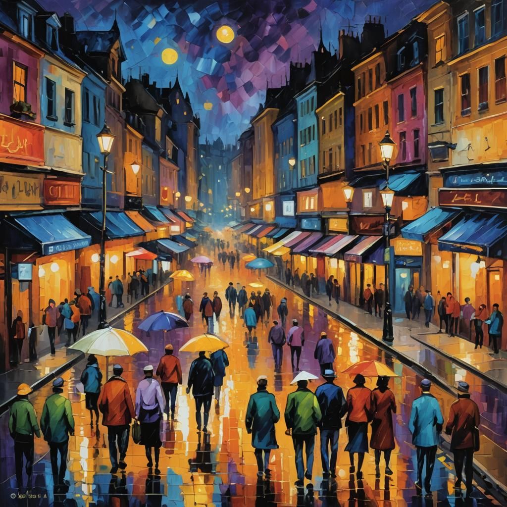Night Street Scene in Neo-Impressionist Style