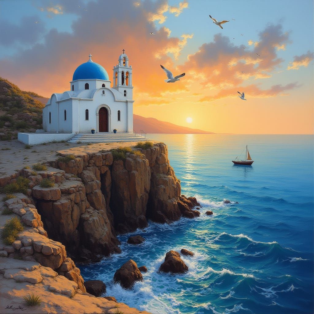 Grecian Cliffside Church in Sunset Glow