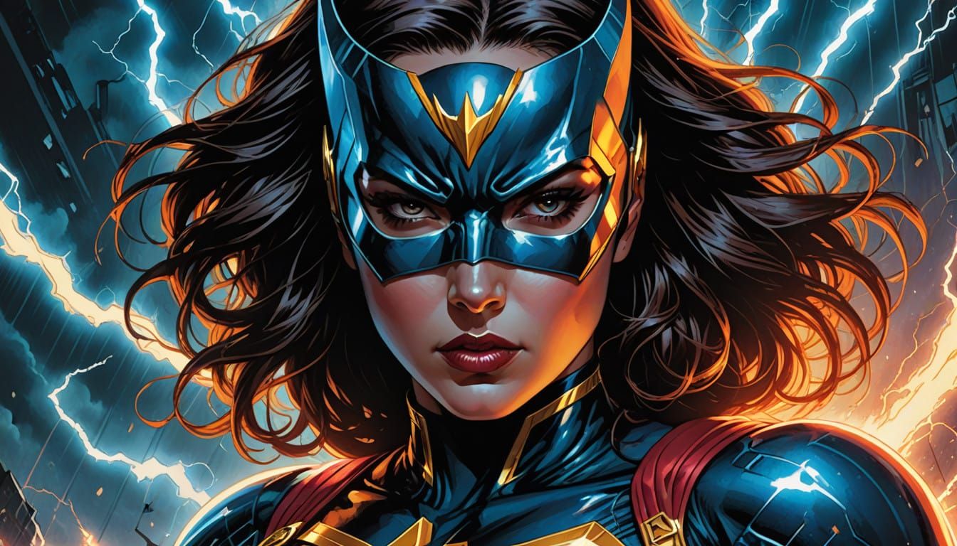 Vibrant Comic Book Heroine in Lightning Bolt Background