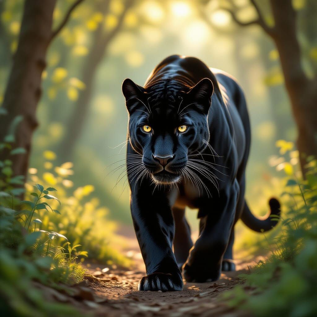 Giant Black Panther in Enchanted Forest