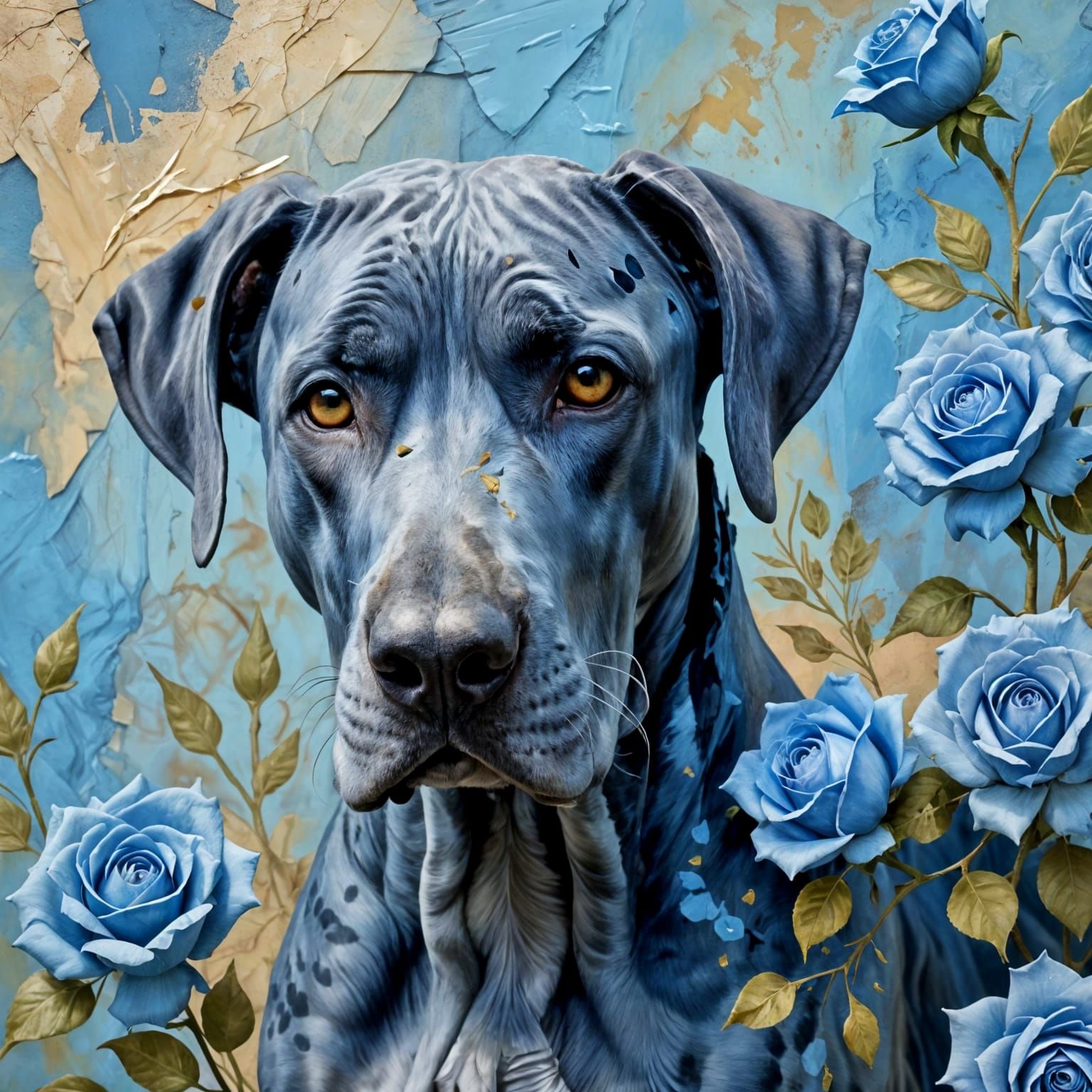 Blue Great Dane in Roses as Impressionist Painting