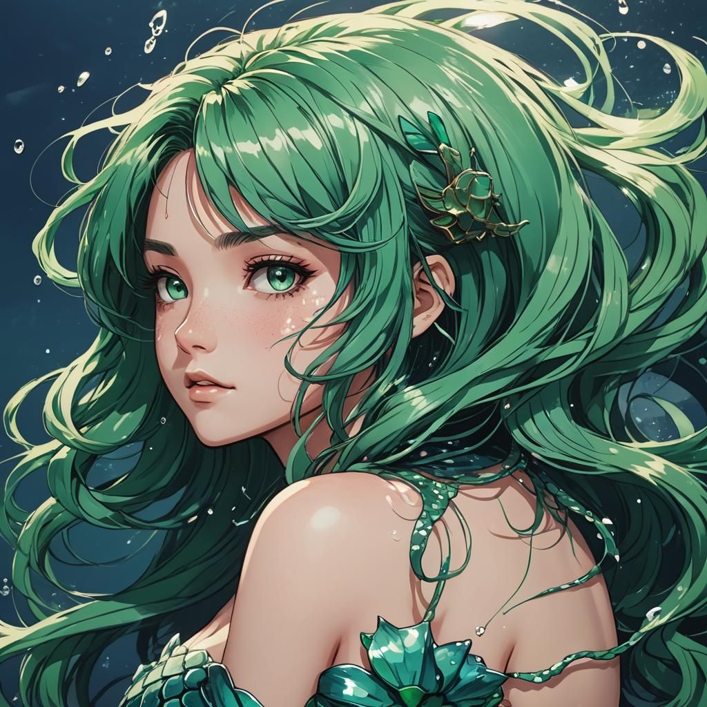 Green-Haired Mermaid in Anime Cel-Shaded Style