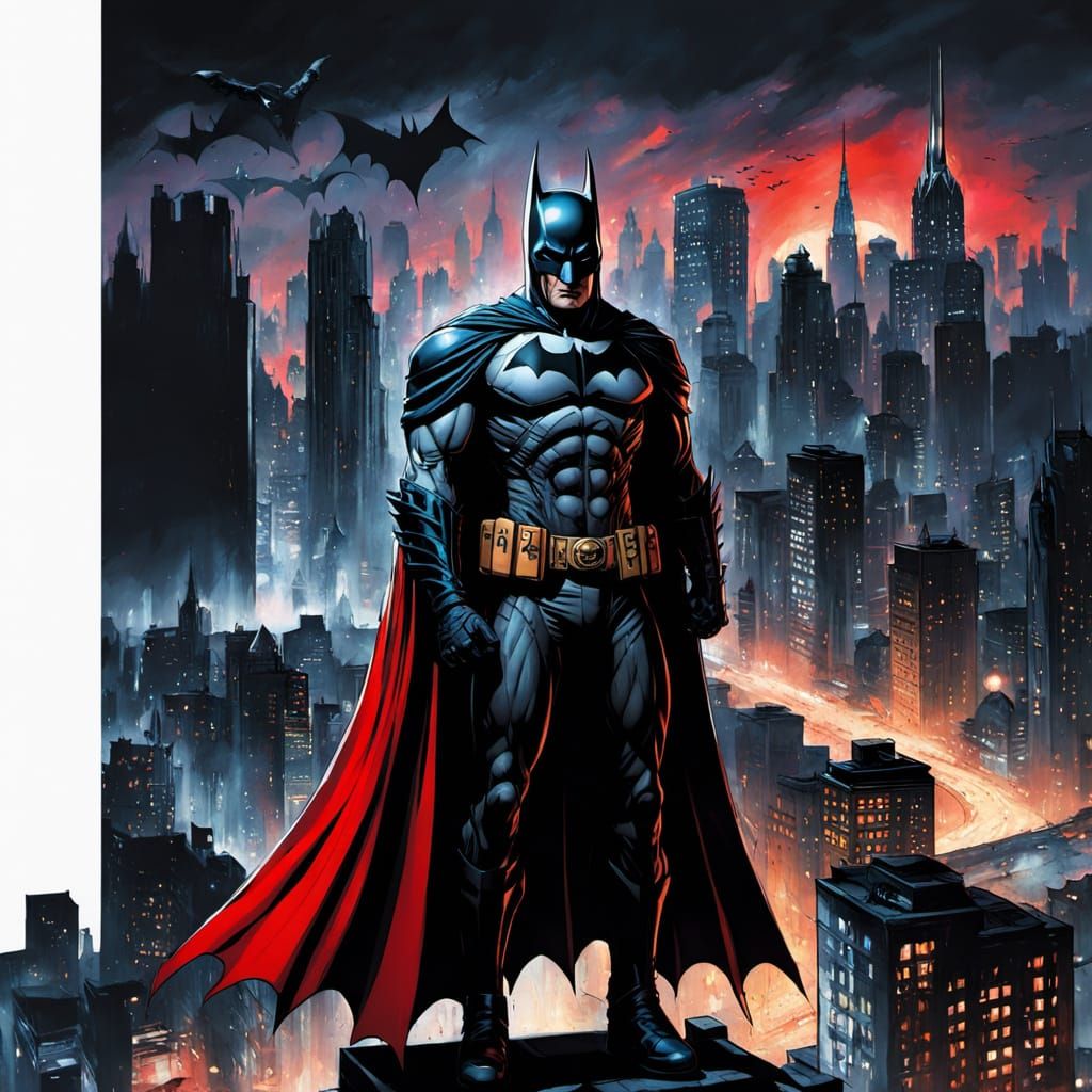 Batman in Wonderbat Armor Leaping Between Buildings