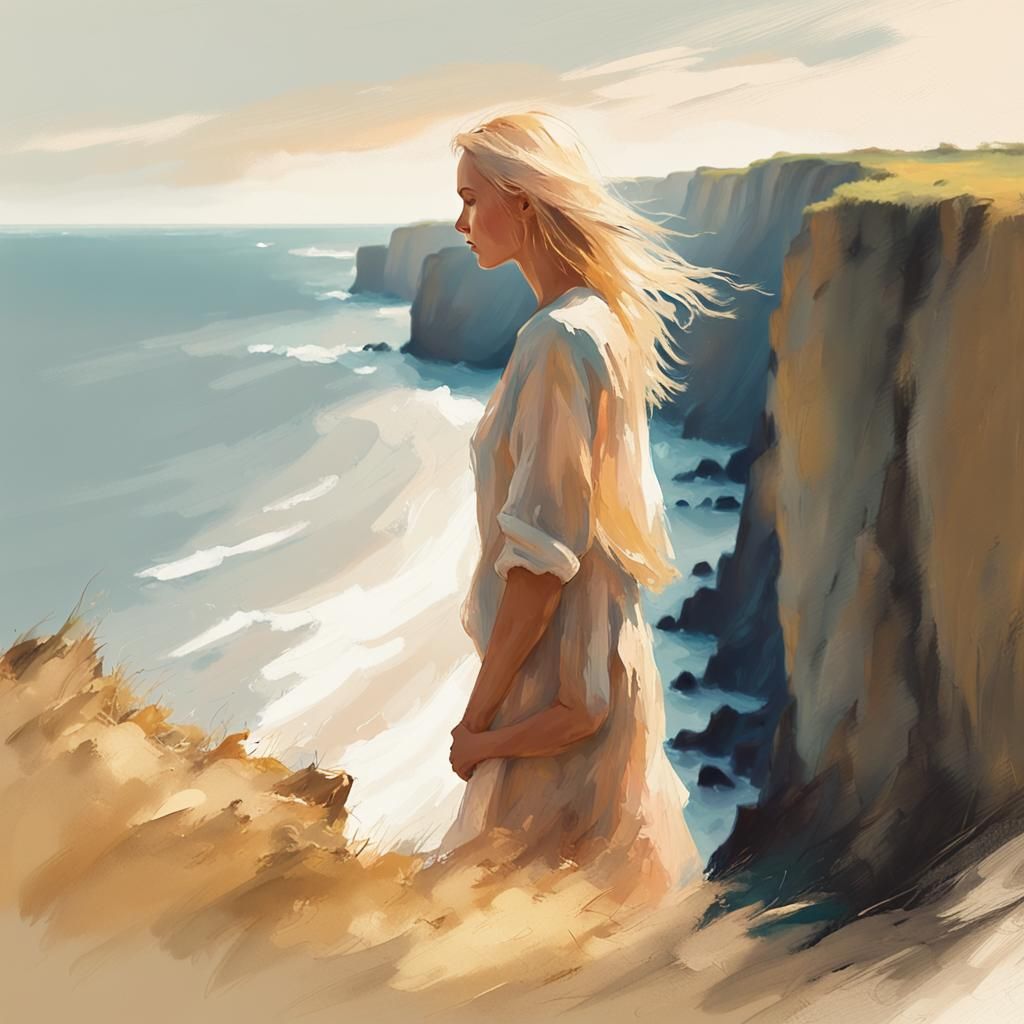 Baltic Sea Cliffside Woman in Impressionist Pastel
