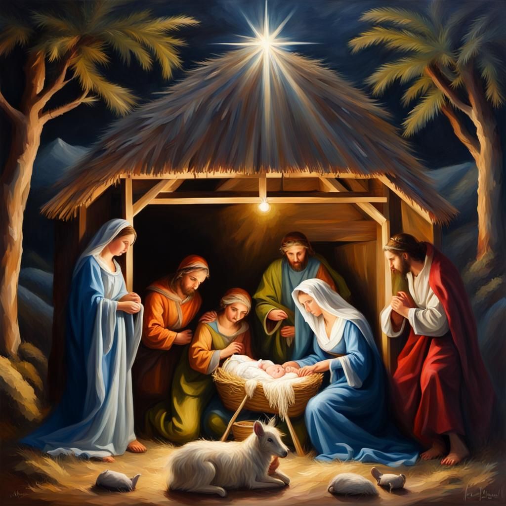 Christmas Manger Scene as Oil Painting
