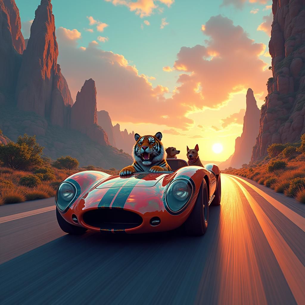 Tiger Driving Sports Car on Mystic Highway