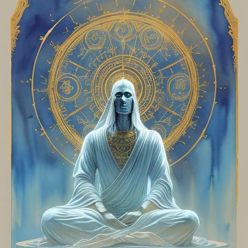 Meditating Woman with Ancient Symbols in Watercolor Style