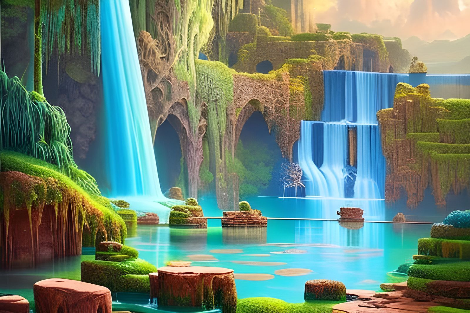 Fairytale Waterfalls from Clouds in Detailed Matte Painting