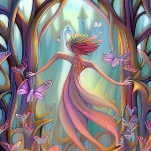 Happy Girl with Butterflies in Forest Illustration