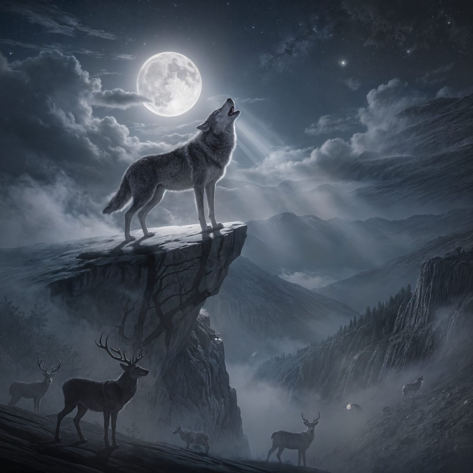 Lone Wolf Howling at Moon on Cliff in Mist