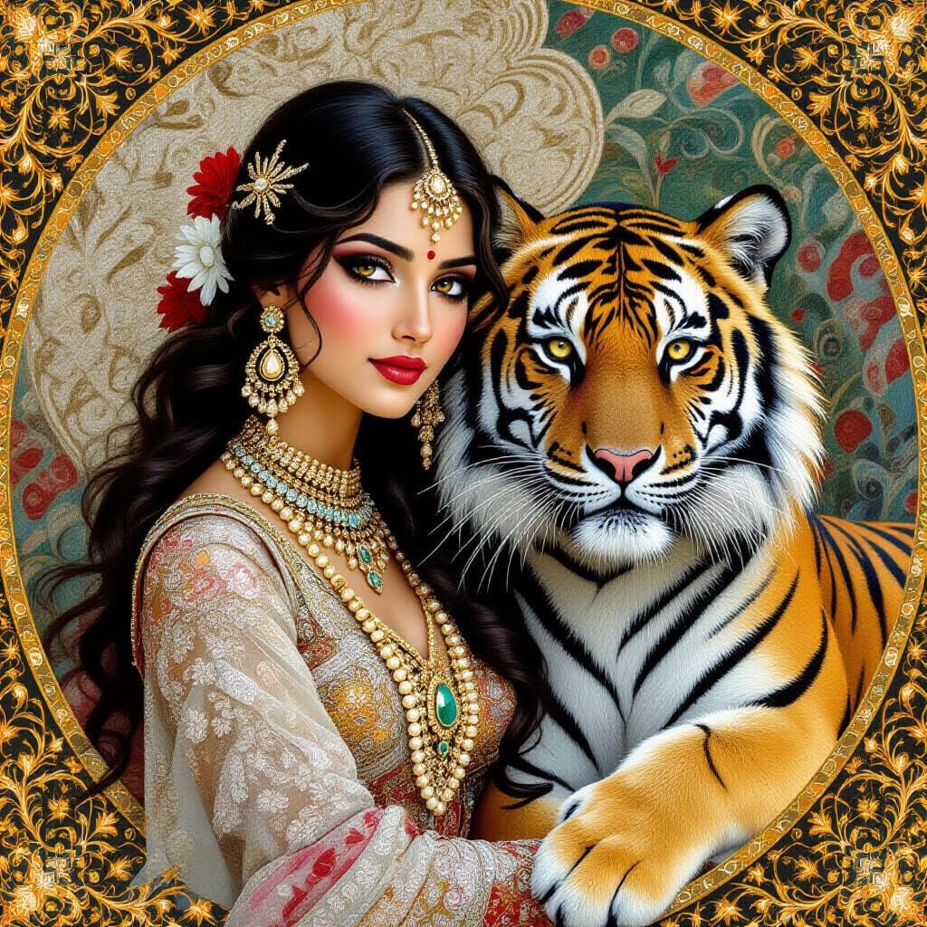 Elegant Indian Lady and Tiger in Klimt Style