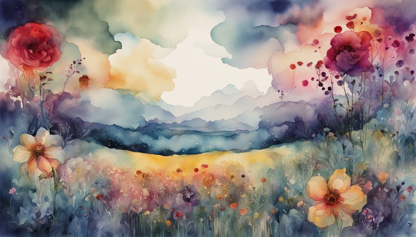 Ethereal Watercolor Flowers With Face, Velvet Solitude