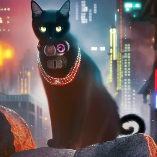 Black Cat in Cyberpunk City, Detailed Digital Art
