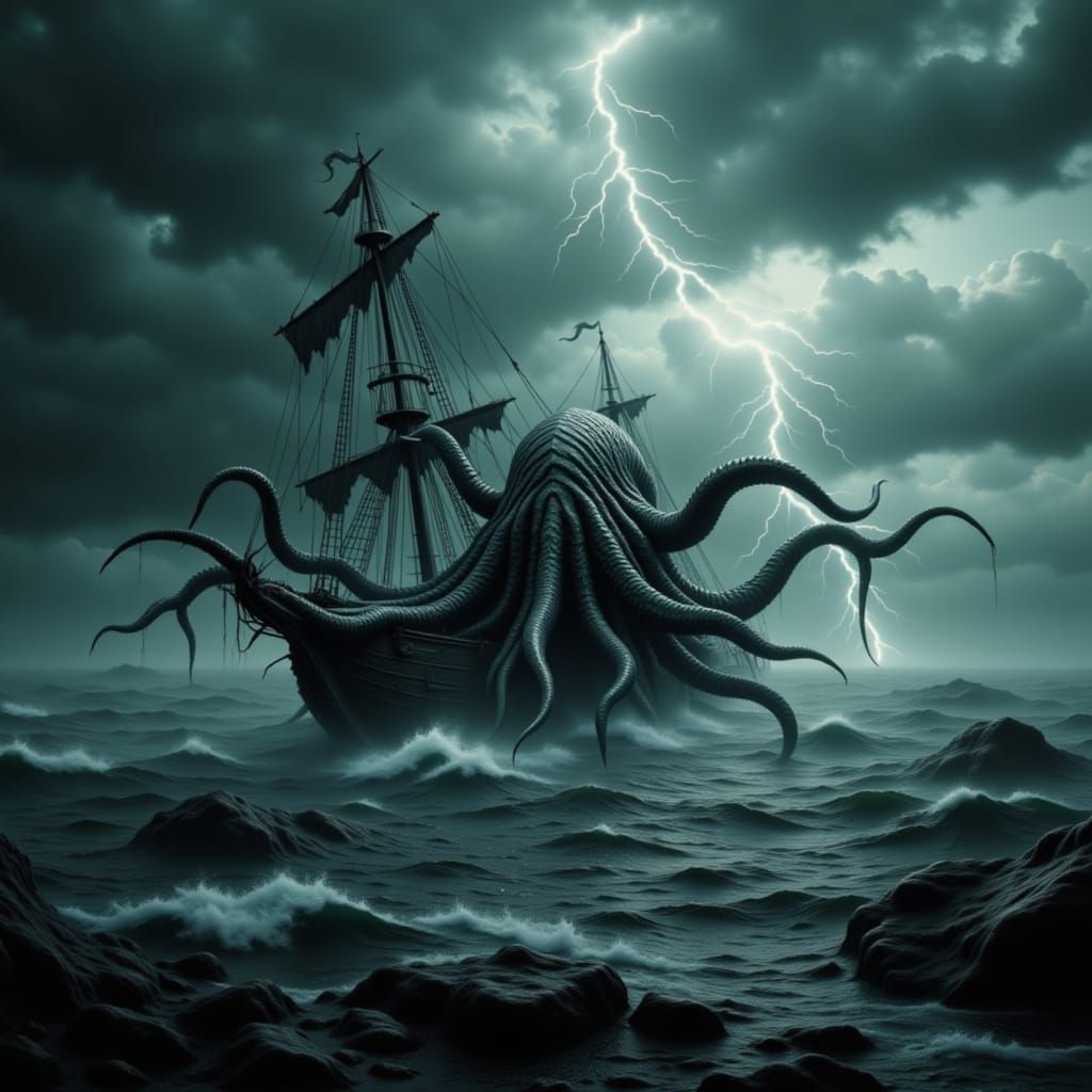 Giant Kraken Attacks Ship in Stormy Seas