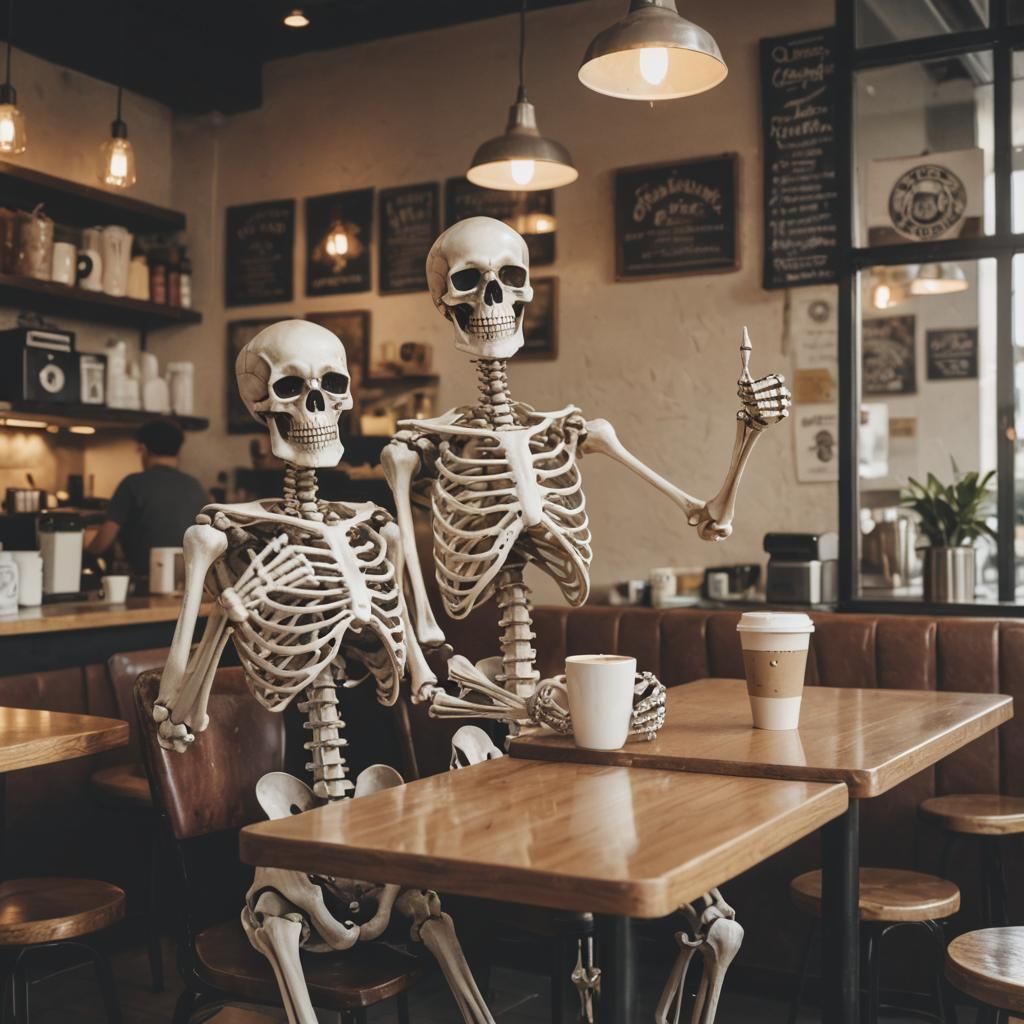 Skeleton Gives Thumbs Up in Coffee Shop