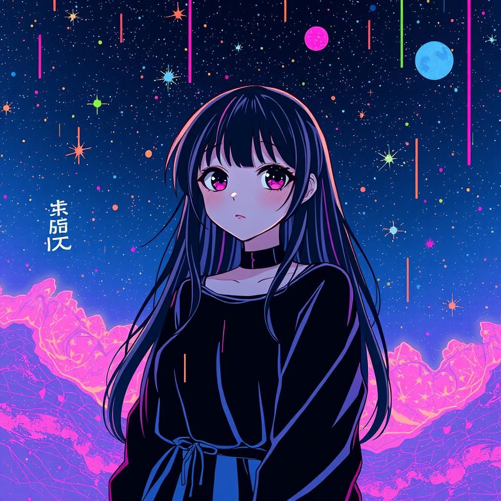 Anime Girl with Glitch and Constellation Effects
