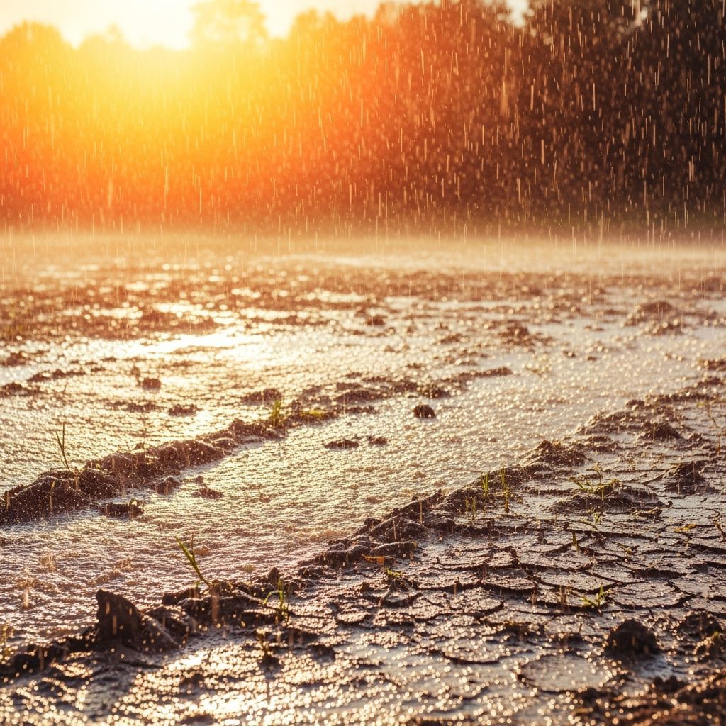 Summer Rain Amidst Sunshine and Dry Soil