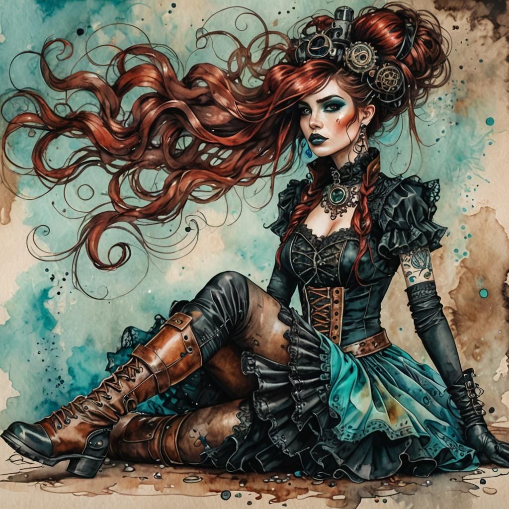 Steampunk Girl Portrait in Watercolor and Alcohol Ink Style