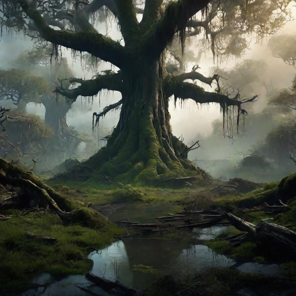 Epic Blackmire Swamp Landscape with Ruins and Monsters