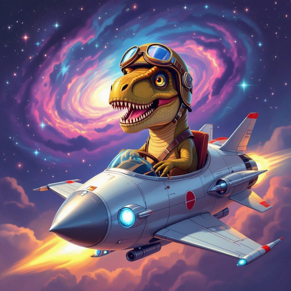 T-Rex Pilot in Retro Rocket Ship Among Nebula