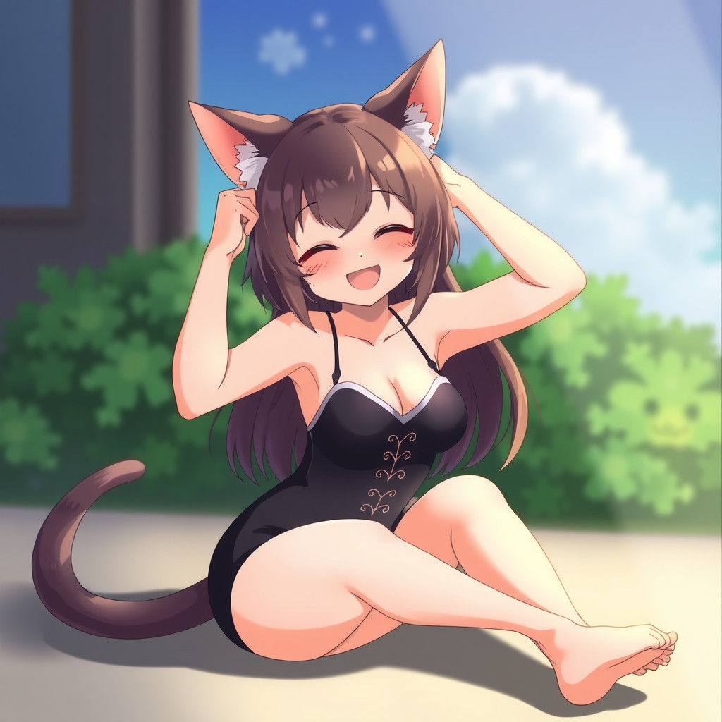 Anime Catgirl Joyfully Scratching Her Ear